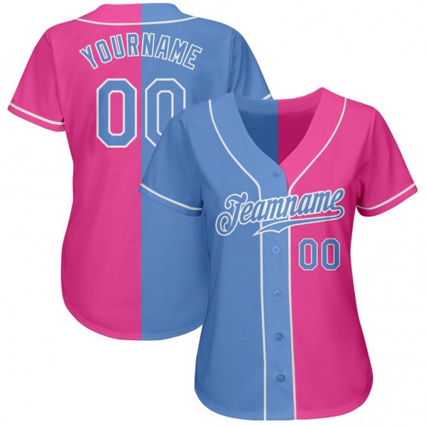 Men's Custom Pink Light Blue-White Authentic Split Fashion Baseball Jersey