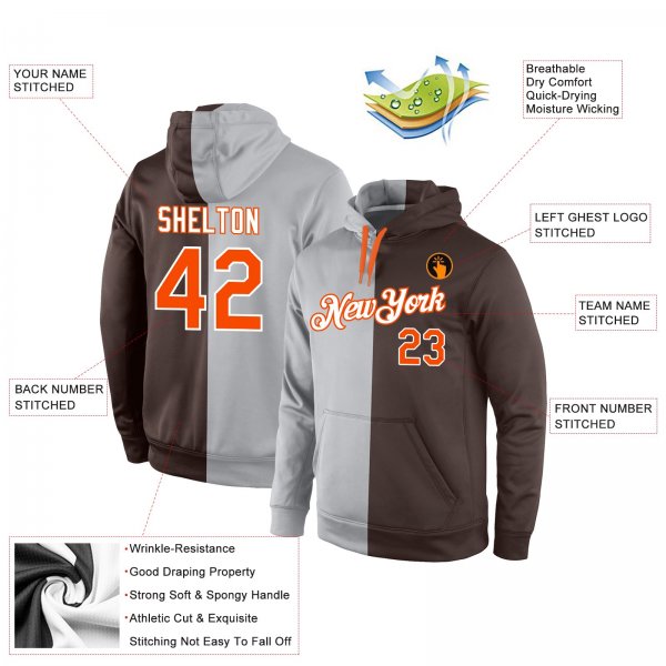 Men's Custom Stitched Gray Orange-Brown Split Fashion Sports Pullover Sweatshirt Hoodie