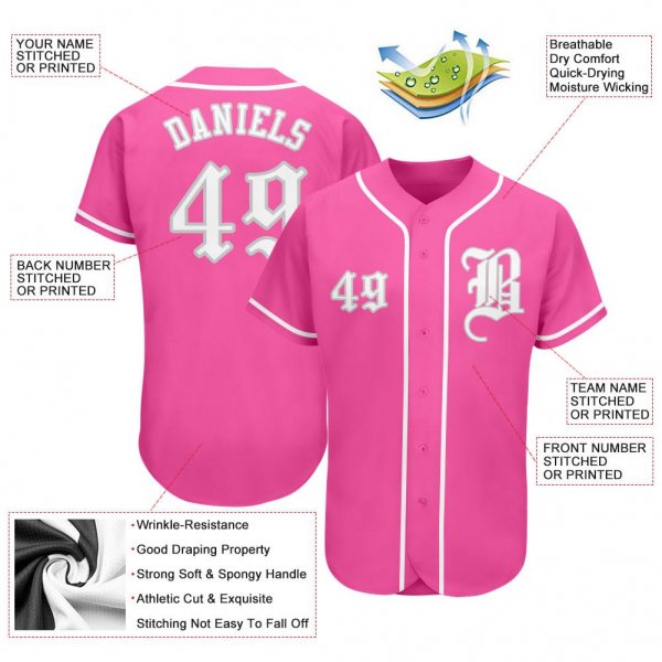 Men's Custom Pink White-Gray Authentic Baseball Jersey