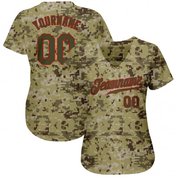 Men's Custom Camo Olive-Red Authentic Baseball Jersey