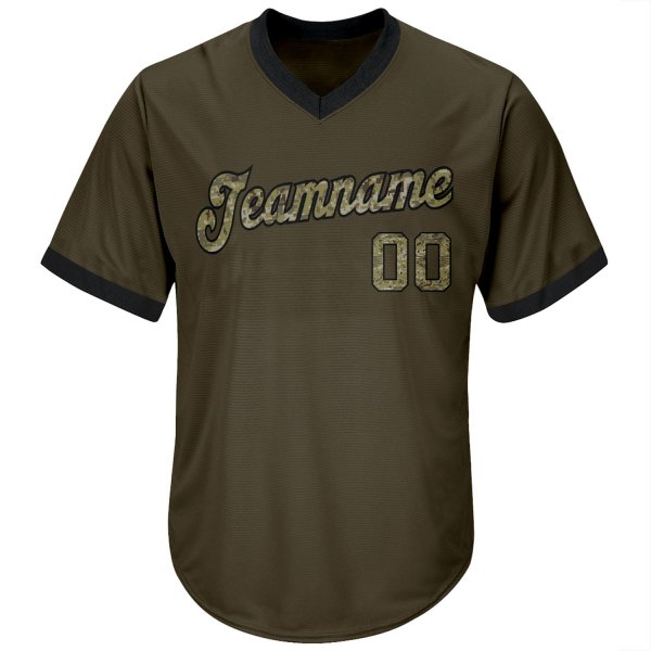 Men's Custom Olive Camo-Black Authentic Salute To Service Throwback Rib-Knit Baseball Jersey Shirt