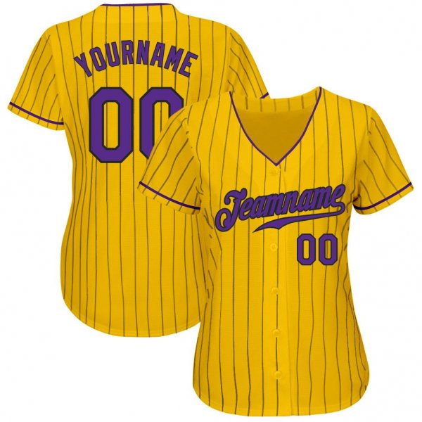 Men's Custom Gold Black Pinstripe Purple-Black Authentic Baseball Jersey