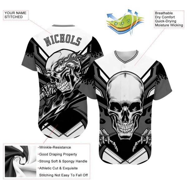 Men's Custom White Gray-Black 3D "Skull" Authentic Baseball Jersey