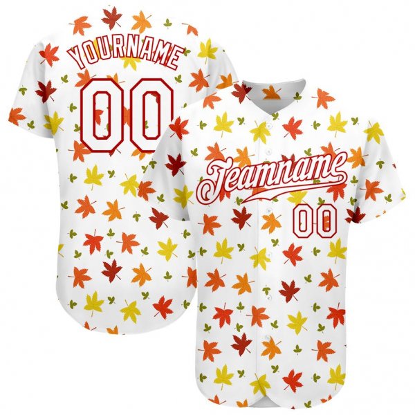 Men's Custom White White-Red 3D Pattern Design "Autumn Leaves" Authentic Baseball Jersey