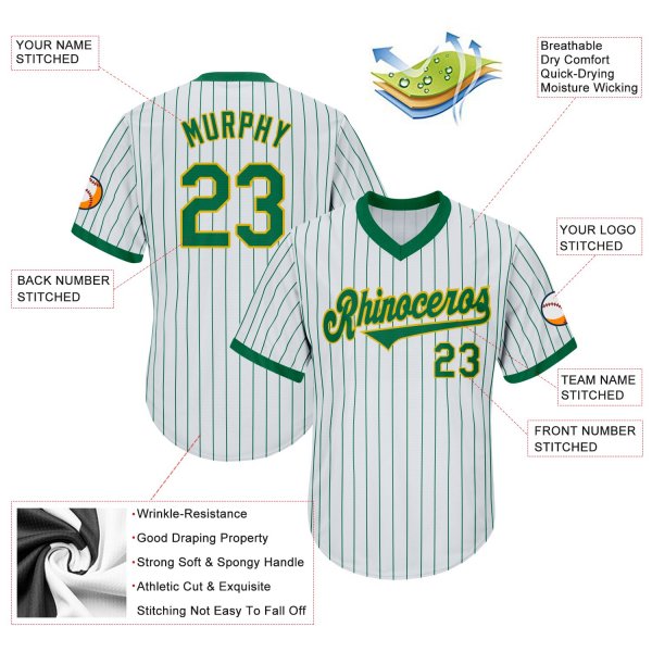 Men's Custom White Kelly Green Pinstripe Kelly Green-Gold Authentic Throwback Rib-Knit Baseball Jersey Shirt