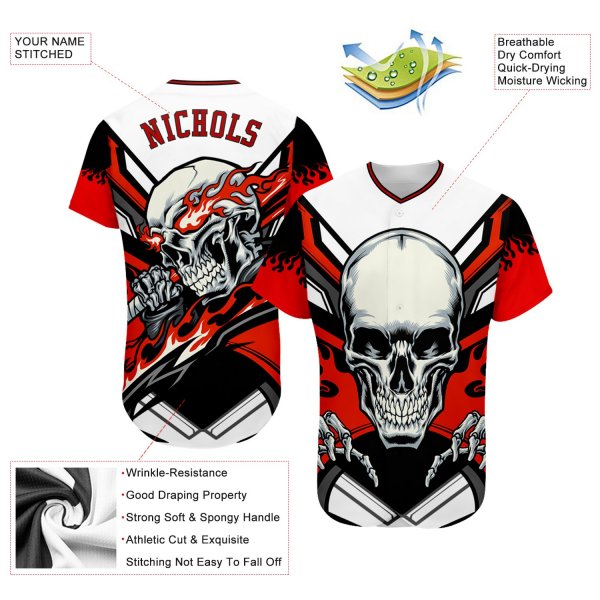 Men's Custom White Red-Black 3D "Skull" Authentic Baseball Jersey