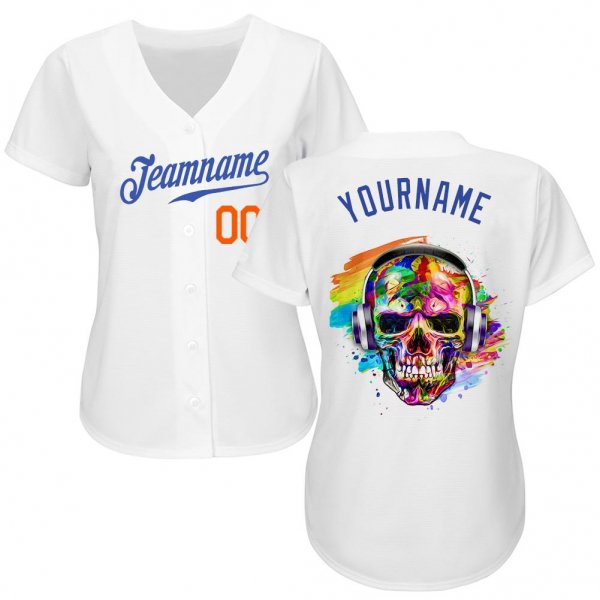 Men's Custom White Royal-Orange Authentic Skull Fashion Baseball Jersey