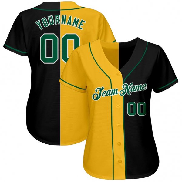 Men's Custom Black Kelly Green-Gold Authentic Split Fashion Baseball Jersey