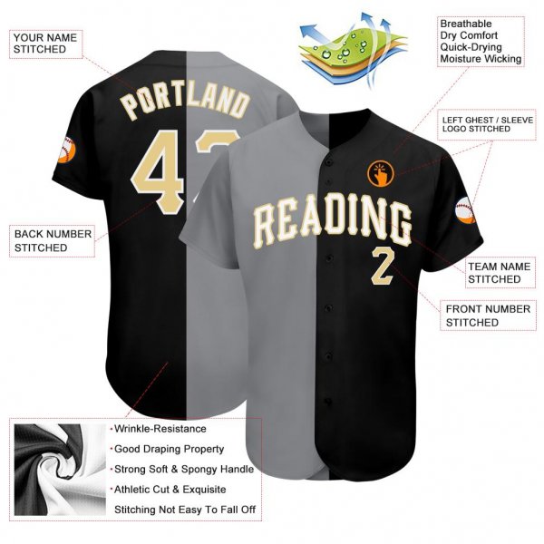 Men's Custom Black Vegas Gold-Gray Authentic Split Fashion Baseball Jersey