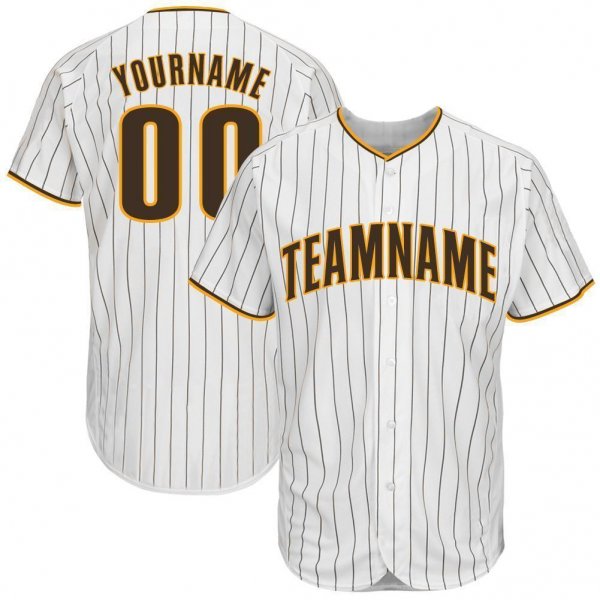 Men's Custom White Brown Pinstripe Brown-Gold Baseball Jersey