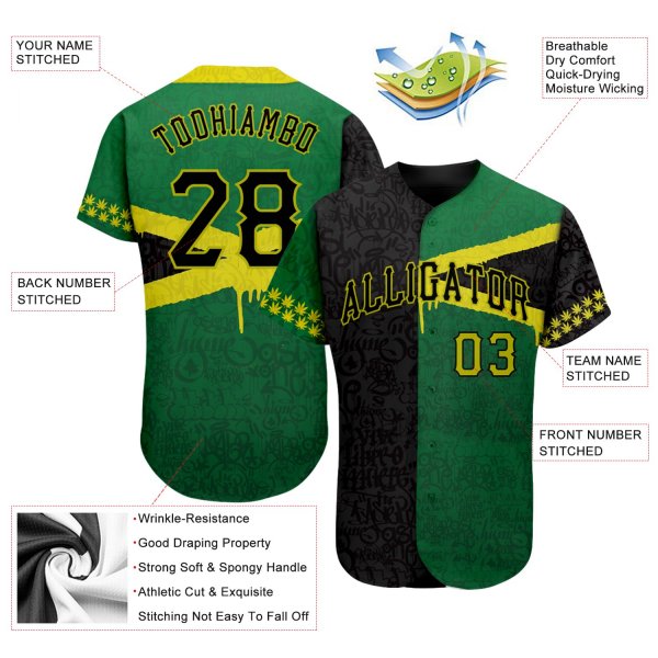 Men's Custom Graffiti Pattern Black-Green 3D "Jamaica" Authentic Baseball Jersey