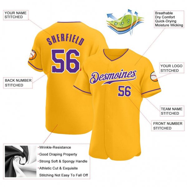 Men's Custom Gold Purple-White Authentic Baseball Jersey